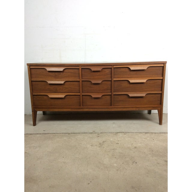 Mid Century Modern Lowboy Dresser With 9 Drawers & Mounted Mirror by Johnson Carper For Sale - Image 16 of 16