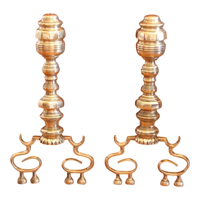 Pair of Scroll Footed Antique American Brass Andirons For Sale