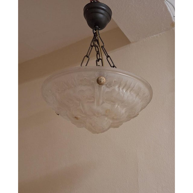 Art Deco French Ceiling Lamp with Matt Pressed Glass Lampshade with Floral Decoration on Brass Mount by Degue, 1930s For Sale - Image 10 of 10
