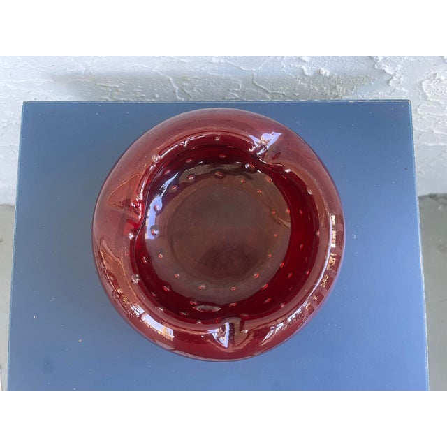 Large Handblown Ruby Red Controlled Bubble Glass Ashtray / Art Glass Catchall Bowl For Sale In Orlando - Image 6 of 8