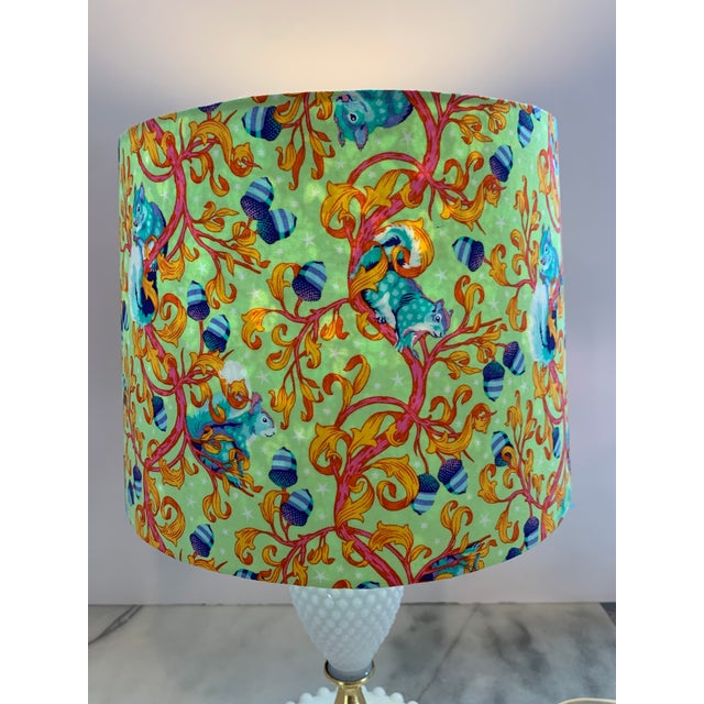 Vintage Hobnail Milk Glass Table Lamp With Handcrafted Tula Pink Squirrel Fabric Shade For Sale - Image 11 of 12