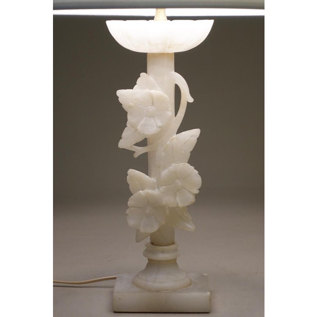1930s Neoclassical Floral Column Carved Alabaster Marble Brass Table Lamp For Sale - Image 4 of 10