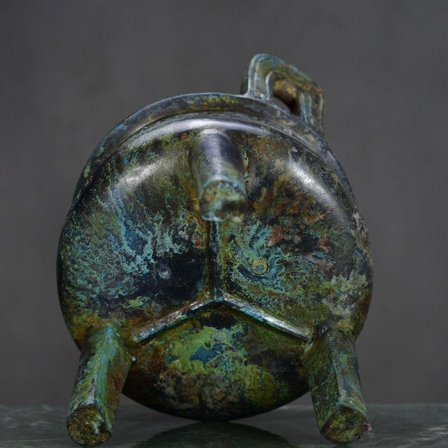 Vintage Three-Legged Chinese Ritual Censer With Carved Inscription Key Pattern For Sale - Image 6 of 8