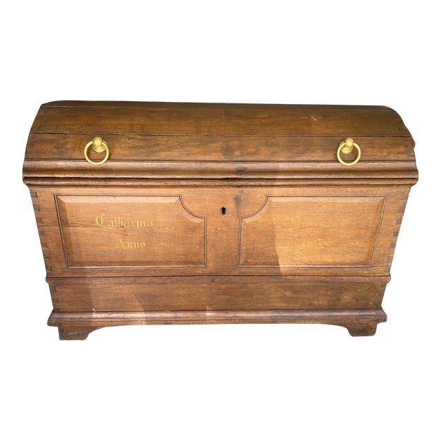 1858 Oak Domed Dowry Trunk With Forged Iron Hinges & Ring Handles and Dovetailed Joints For Sale
