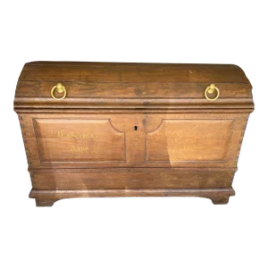 1858 Oak Domed Dowry Trunk With Forged Iron Hinges & Ring Handles and Dovetailed Joints