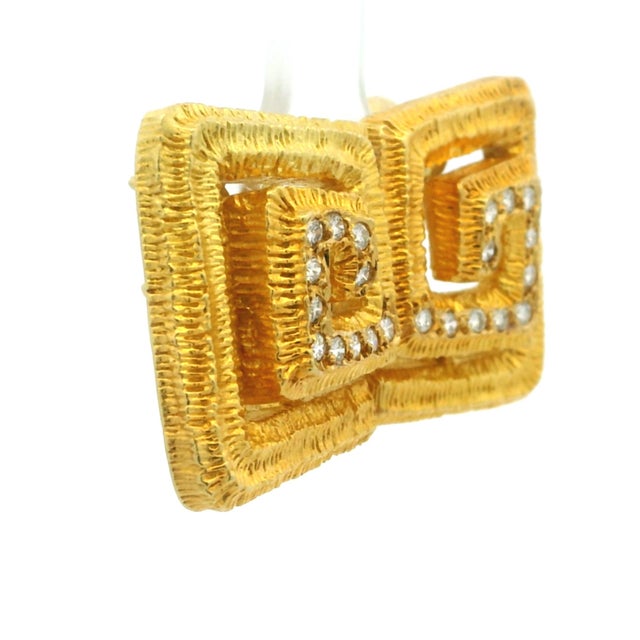 Mid-Century Modern Ilias Lalaounis 18k Gold Diamond Textured Geometric Earrings, Circa 1970s, A Pair For Sale - Image 3 of 16