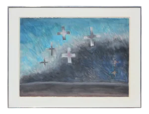 Peter Keefer Modern Abstract Watercolor Blue Cross Landscape 1982