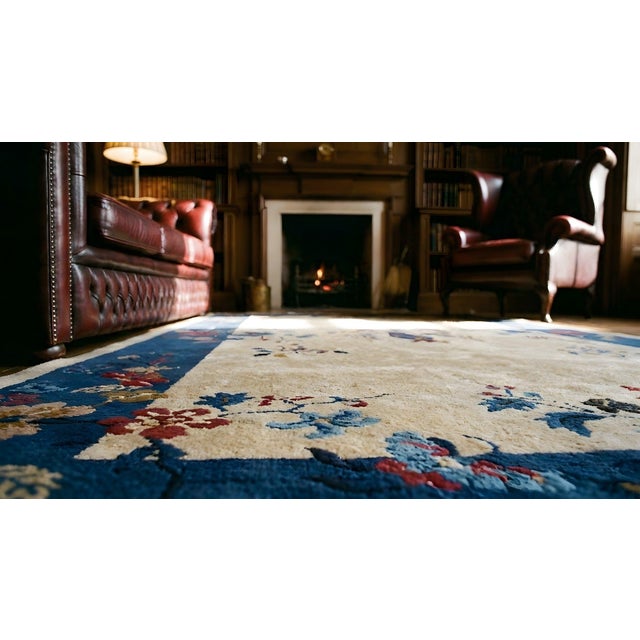 1920s Tan Sand Floral Vase Antique Chinese Art Deco Carpet 5' X 7'10" Handwoven Wool Rug For Sale - Image 11 of 11