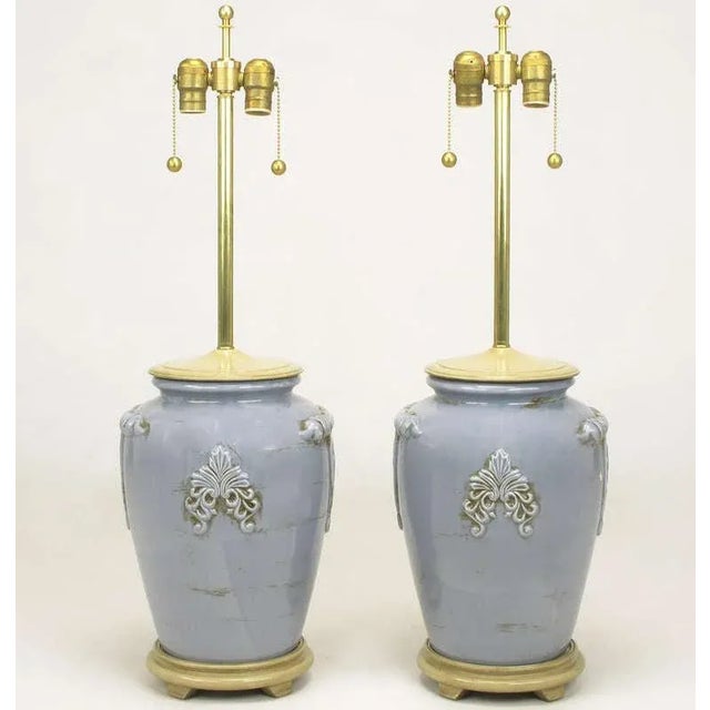Mid-Century Modern Periwinkle Blue Vintage Glazed Urn-Form Table Lamps - a Pair For Sale - Image 3 of 8