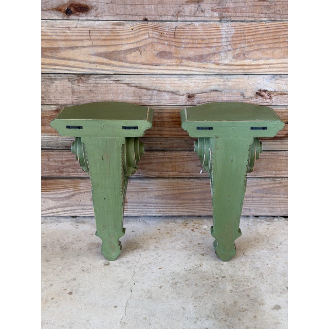 Pair of Carved Acanthus Wall Bracket Shelves / Corbels in Distressed Green Finish For Sale - Image 10 of 11