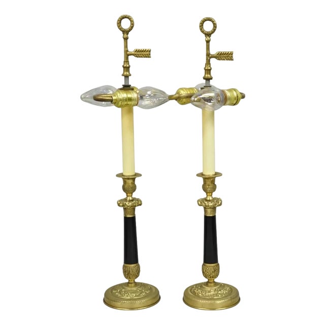 Vintage Warren Kessler French Empire Bronze Candlestick Small Table Lamps a Pair For Sale
