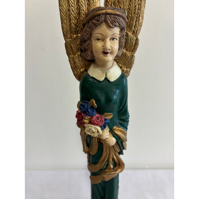 Farmhouse Vintage Carved Angel Figurine With Gold Feathered Wings and Painted Floral Bouquet For Sale - Image 3 of 12