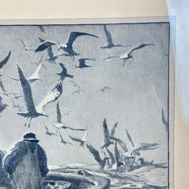 White Gordon Grant Pencil Signed Lithograph, Fishermen & Seagulls, Framed (Likely "Deep Sea Larder" 1943) For Sale - Image 8 of 10
