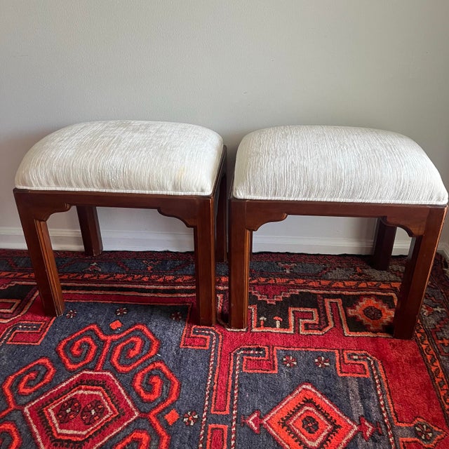Ethan Allen Pair of Vintage Ethan Allen Asian-Inspired Upholstered Stools - A Pair For Sale - Image 4 of 9