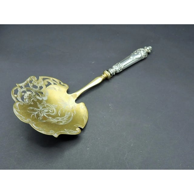 Art Nouveau Antique Fauna Silver Plate Brass Pierced Engraved Serving Spoon Art Nouveau Roman Mythology 1890 For Sale - Image 3 of 6