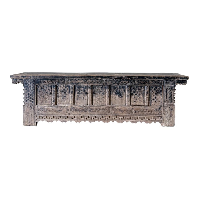 Vintage Carved Pine 4 Door Cabinet - Weathered Black For Sale