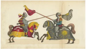 Two Knights Jousting in Vibrant Heraldic Colours, 1842, Paper