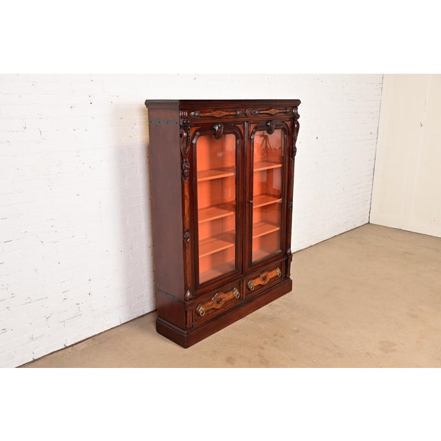 Herter Brothers Herter Brothers Style Antique Eastlake Victorian Carved Mahogany and Burl Wood Bookcase Cabinet, Circa 1880s For Sale - Image 4 of 14