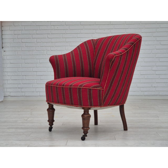 1950s, Danish lounge chair in original very good condition: no smells and no stains. Original multi color furniture wool...