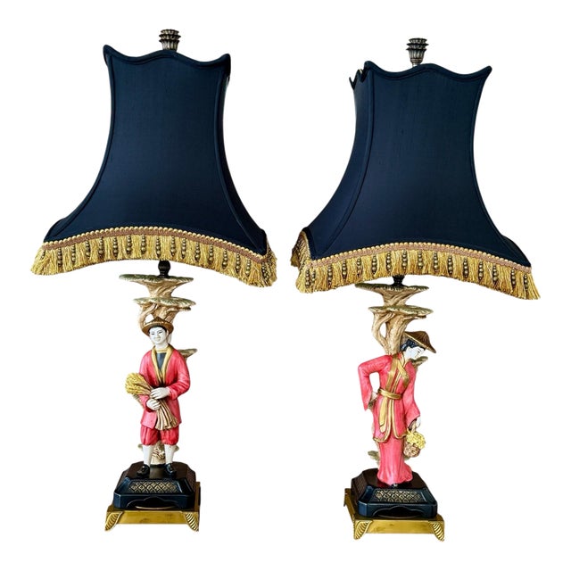 Chelsea House Chinoiserie Figural Table Lamps With Black Shades - a Pair For Sale