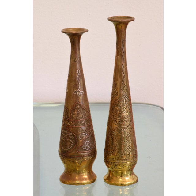 Set of Five Tall Engraved Brass Vases, Middle East, Early 20th Century For Sale - Image 4 of 13