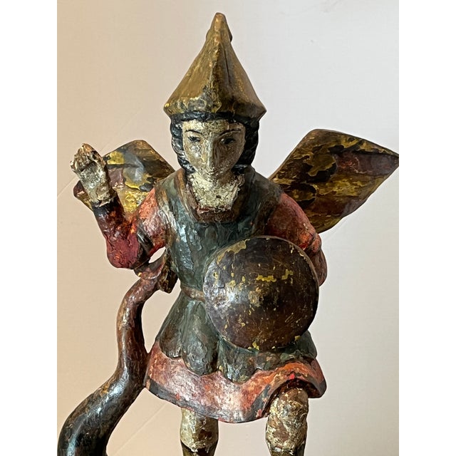 18th Century Spanish Polychrome Wood Carving of St. Michael For Sale - Image 11 of 12