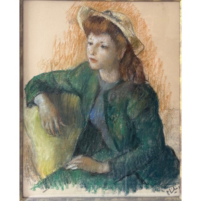 Robert Philipp (1895-1981) Sensitive pastel portrait of a young red headed woman in green coat and wearing a hat. Hand...