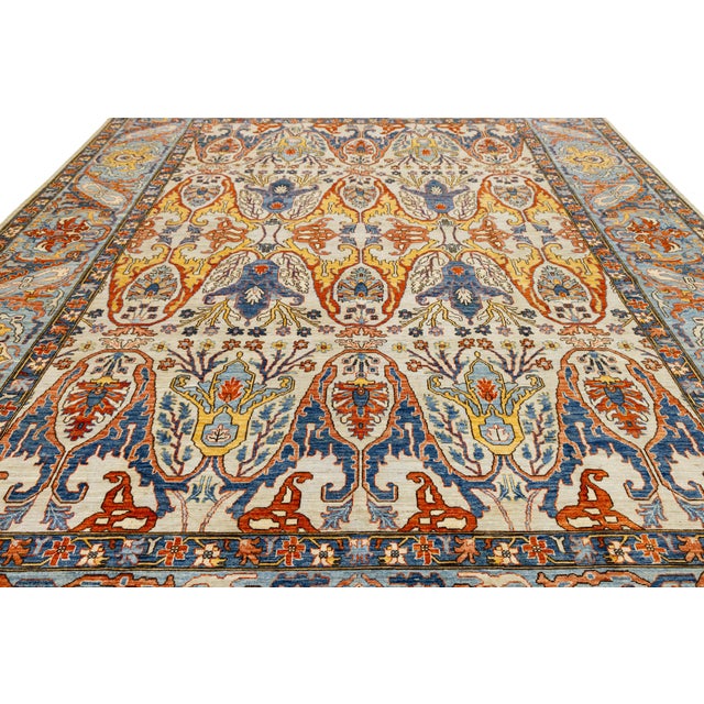 Ivory Hand-Knotted Modern Bidjar Style Area Rug – Ivory & Slate Blue Wool Transitional For Sale - Image 8 of 11