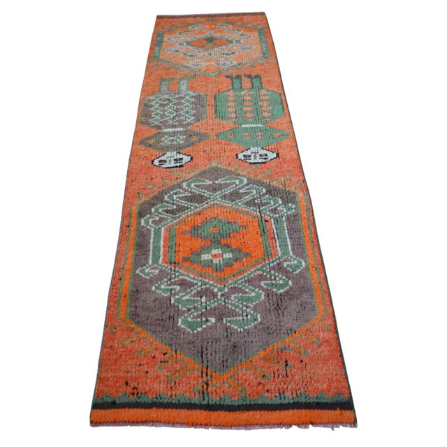 Burnt Orange Mythological Runner Rug Hand-Knotted 2'9"x9'6" Vibrant Orange Turkish Rug Kitchen Runner Extraterrestrial Motif For Sale - Image 8 of 14