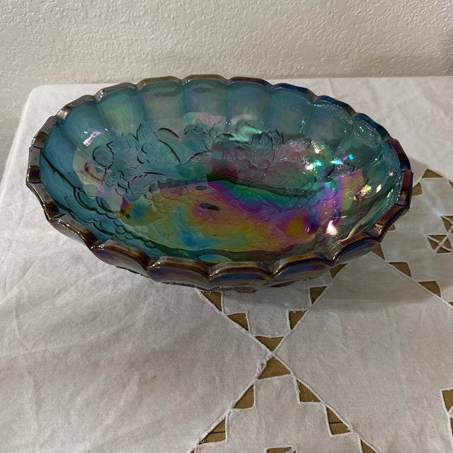 Vintage Indiana Iridescent Carnival Glass Blue Grapefruit Footed Bowl For Sale In Palm Springs - Image 6 of 9