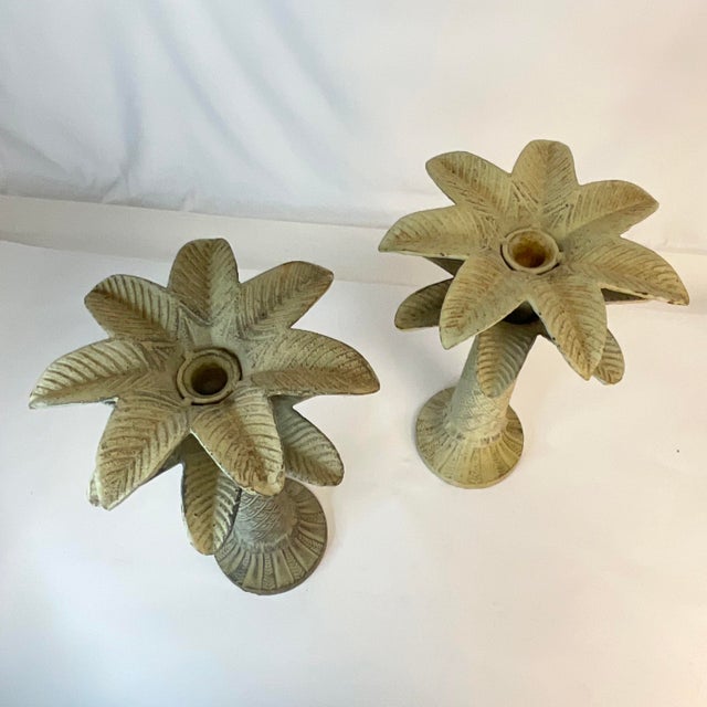 Metal 1980s Coastal Regency Palm Tree Cast Iron Outdoor Candleholders - A Pair. For Sale - Image 7 of 12