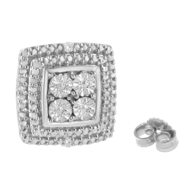 .925 Sterling Silver Diamond Accented Square Shaped Milgrain Stud Earrings, A Pair For Sale - Image 4 of 6