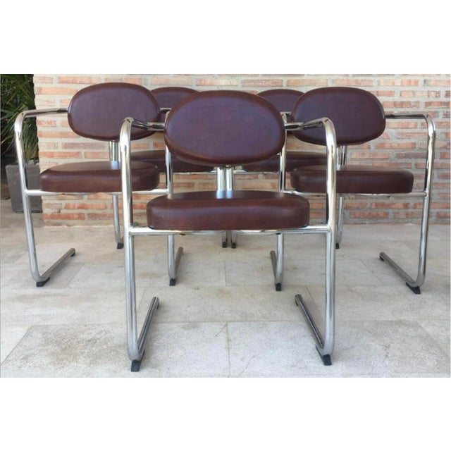 Italian Armchairs in Brown Leather and Chrome, 1980s, Set of 5 For Sale - Image 4 of 12
