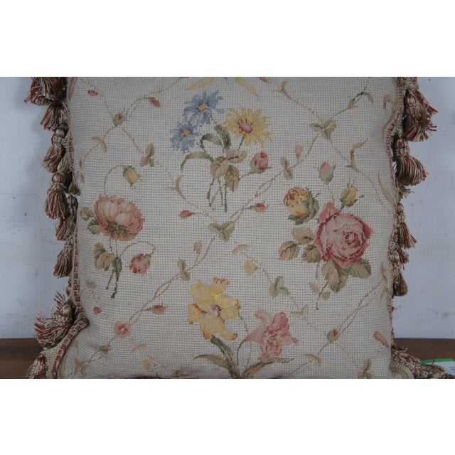 White Mid 20th Century Down Filled Floral Rose Lily Daisy Needlepoint Tassel Lumbar Throw Pillow For Sale - Image 8 of 11