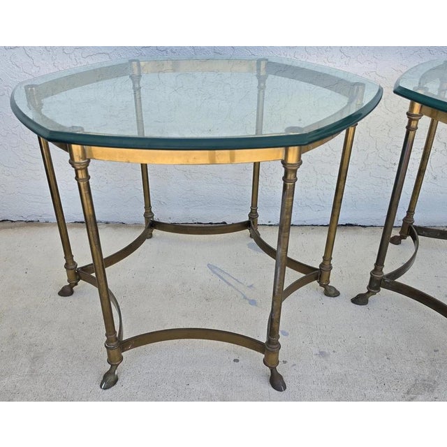 Labarge Vintage La Barge Side Table Brass Glass Hoof Footed Octagonal Labarge For Sale - Image 4 of 12