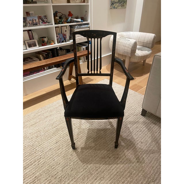 Black chinoiserie small antique chairs excellent condition. Newly upholstered Belgian linen seat.