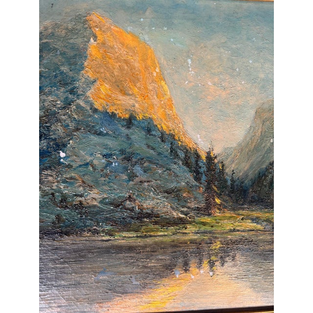 Realism Mountain Lake at Sunset Oil Painting, Signed j.c. Thorn, Circa 1940, Gilt Frame For Sale - Image 3 of 5