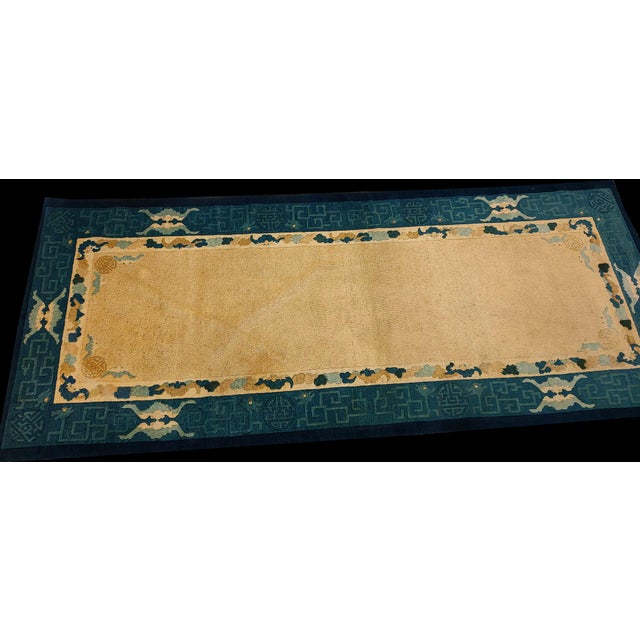Chinese 1880s Yellow Geometric Solid Antique Chinese Peking Rug 3'2" X 7 Handknottted Wool Carpet For Sale - Image 3 of 7