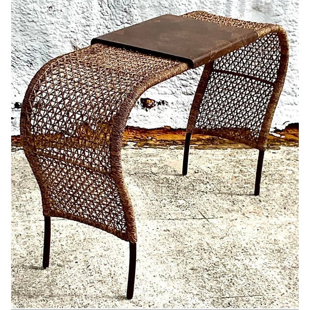 Wood Vintage Coastal Woven Rattan and Pen Shell Console Table For Sale - Image 7 of 7