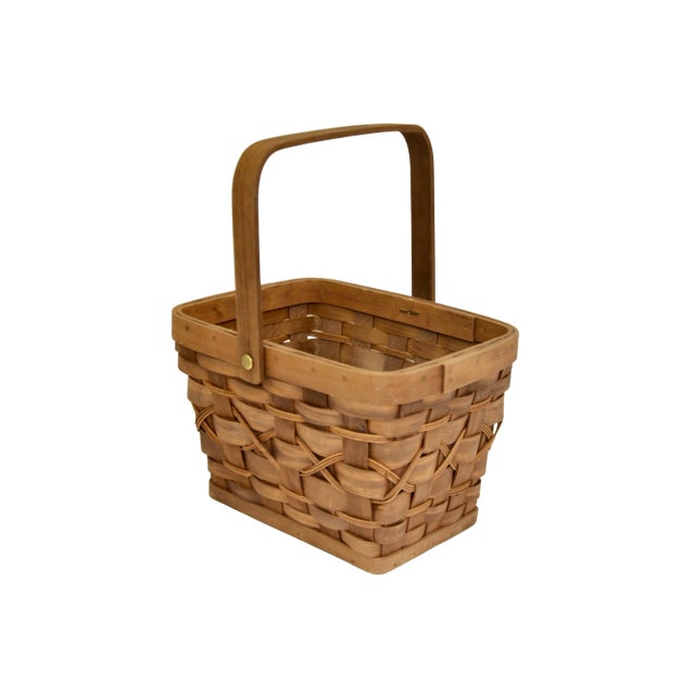 Vintage hand woven rectangular flat reed basket with wood base and brass brad attached folding handle in maple, amber and...