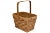 Vintage hand woven rectangular flat reed basket with wood base and brass brad attached folding handle in maple, amber and...