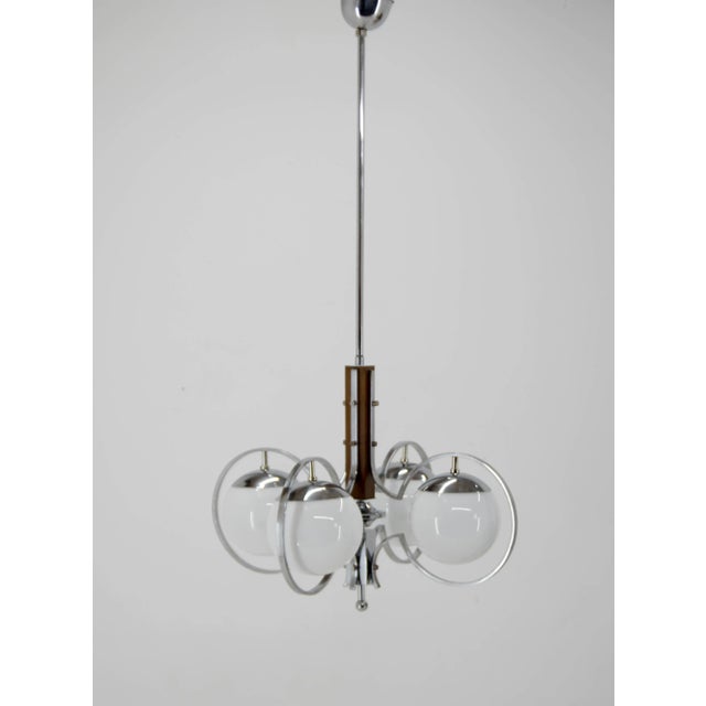 Art Deco Opaline Glass, Wood and Chrome Chandelier, 1930s For Sale - Image 4 of 13