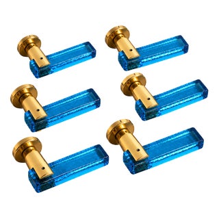 Italian Blue Murano Glass and Brass Door Handles, 1970s, Set of 6 For Sale
