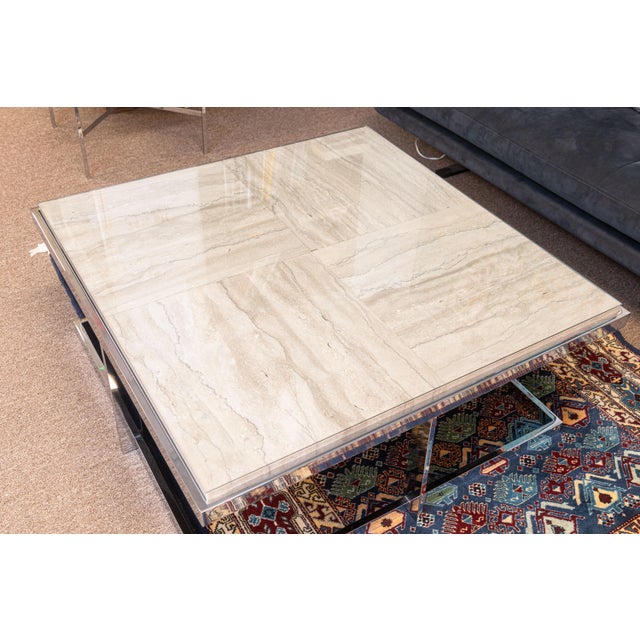 Stone Vintage 1970s Milo Baughman Chrome Glass & Travertine Stone Square Coffee Table For Sale - Image 7 of 7