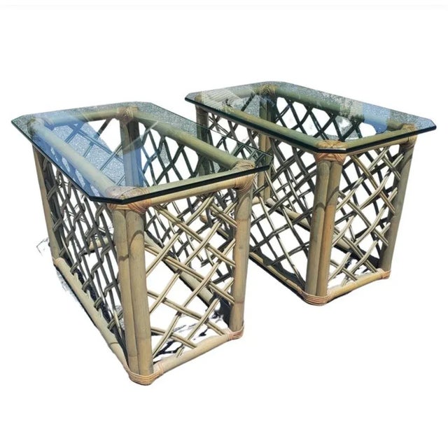 Vintage Jumbo Rattan Glass Top Side Tables in Turquoise-Champaign Color For Sale - Image 4 of 6