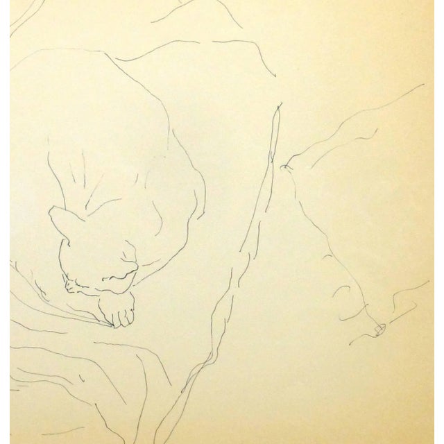 Charming pen and ink drawing a cat curled on a armchair and peacefully sleeping, circa 1970. Original artwork on paper...