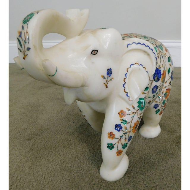 Large Vintage Marble Elephant Figurine Inlaid With Malachite