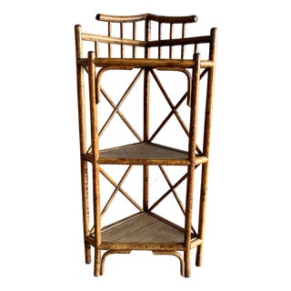Vintage 1950s Tiger Rattan Corner Shelf, Pagoda Top, Three Tier For Sale