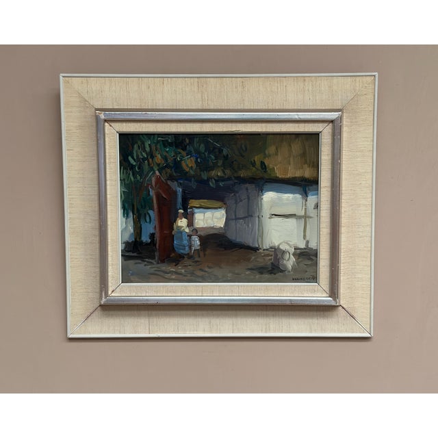 Axel Hamborn, Villagers in Courtyard, 1950s, Oil Painting on Panel, Framed For Sale - Image 11 of 18