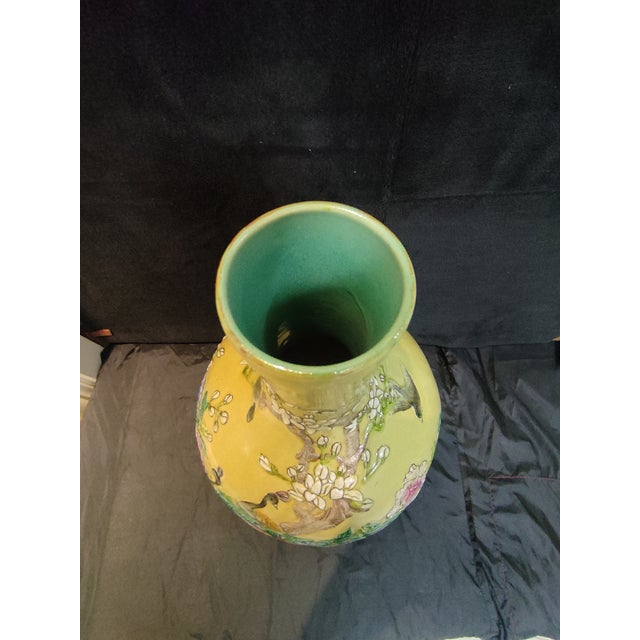 Early 20th Century Chinese Ceramic Vase Qing Dynasty Qianlong Marked Yellow Ground Famille Rose Porcelain Tianqiu Vase Hand Carved Peacocks Pattern For Sale - Image 5 of 10